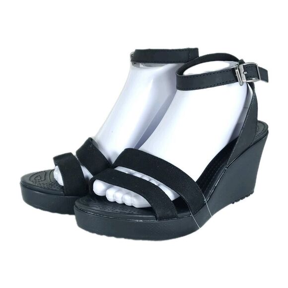 CROCS Shoes - Crocs Women's Leigh II US 10 Black Canvas Ankle Strap Wedge Comfort Sandals NWT